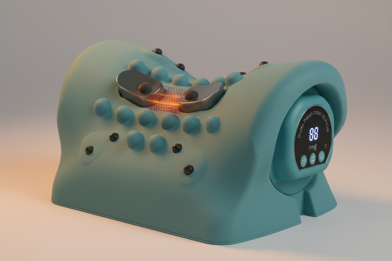 PuRelief Portable Neck Massager Pillow - EMS Heat Vibration - Rechargeable Travel Device