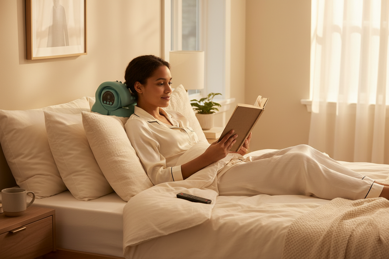 PuRelief Portable Neck Massager Pillow - EMS Heat Vibration - Rechargeable Travel Device