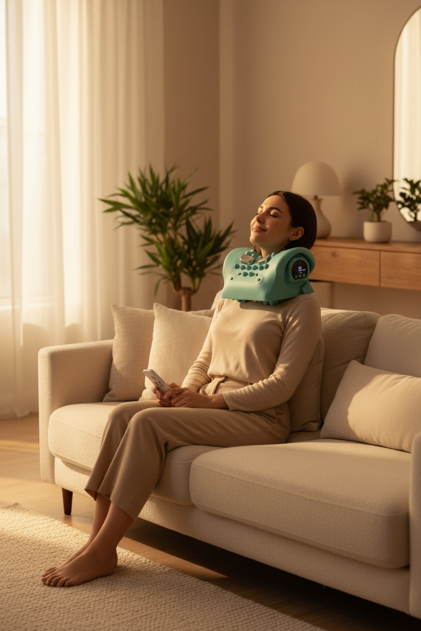 PuRelief Portable Neck Massager Pillow - EMS Heat Vibration - Rechargeable Travel Device